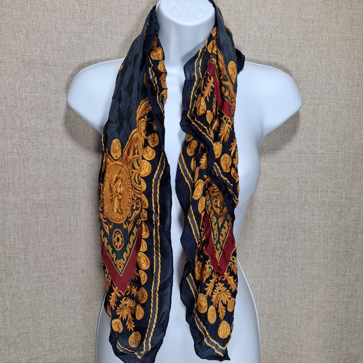 Vintage Designer Silk Scarf in Gold, Navy, and Red by Elaine Gold