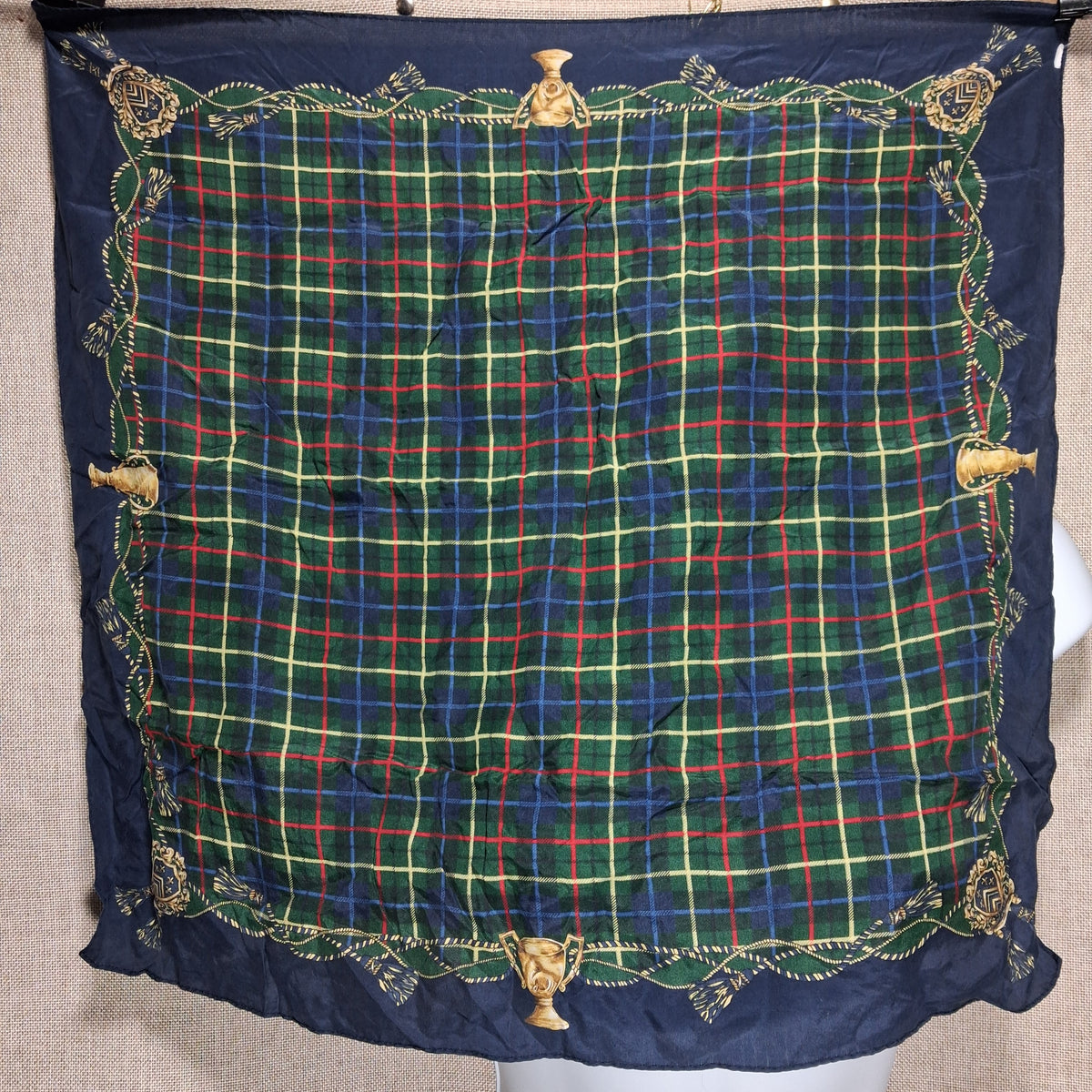 Vintage Silk Scarf in a Blue and Green Tartan Trophy Pattern from Pendelton