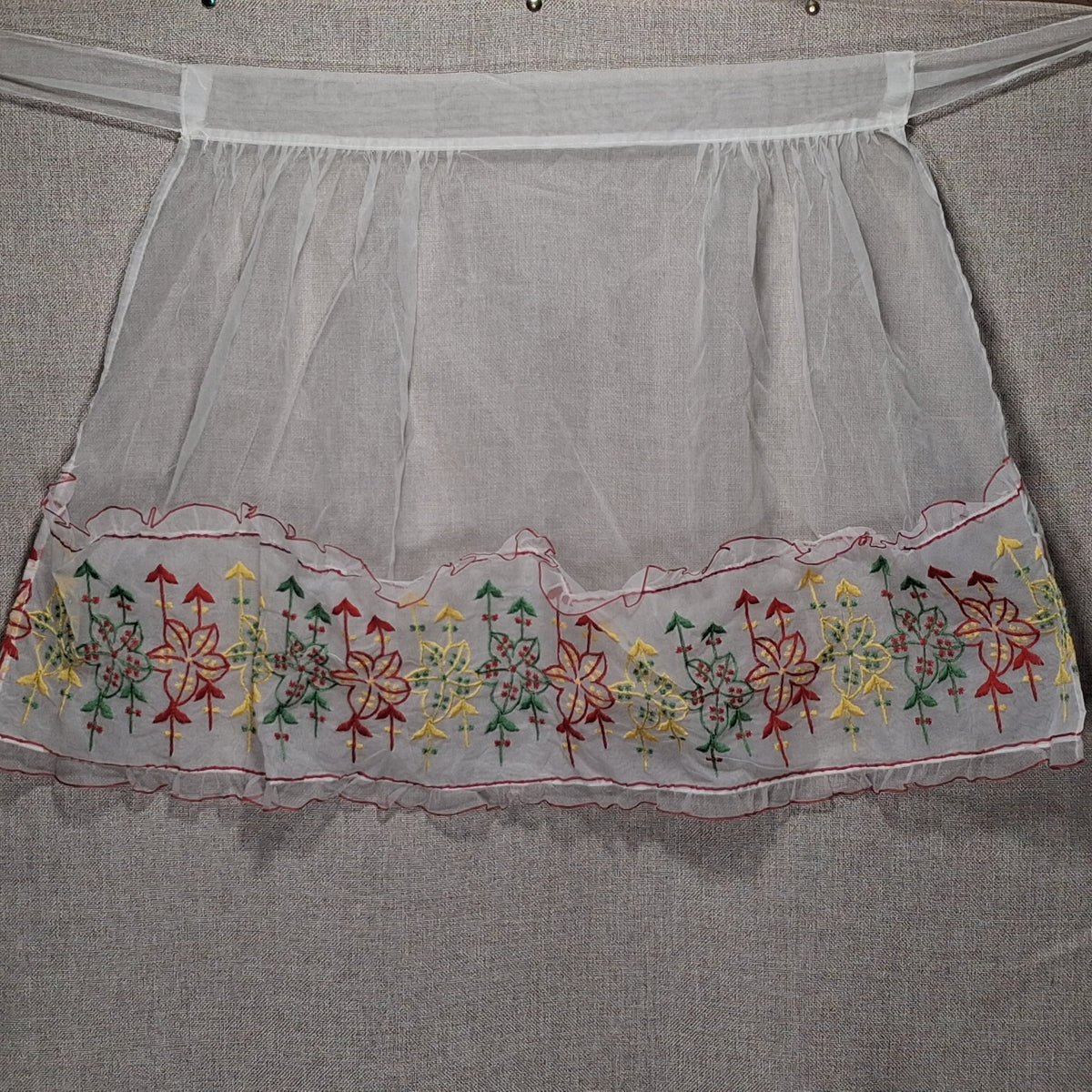 Super Cute Sheer Vintage Apron with Flower Embroidery