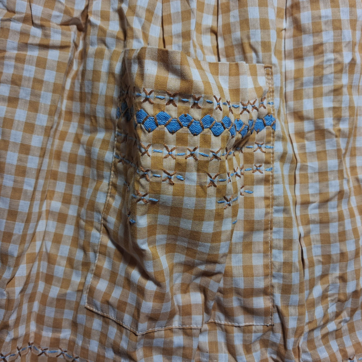 Vintage Tan and White Cotton Apron with Blue Embroidery and Pocket