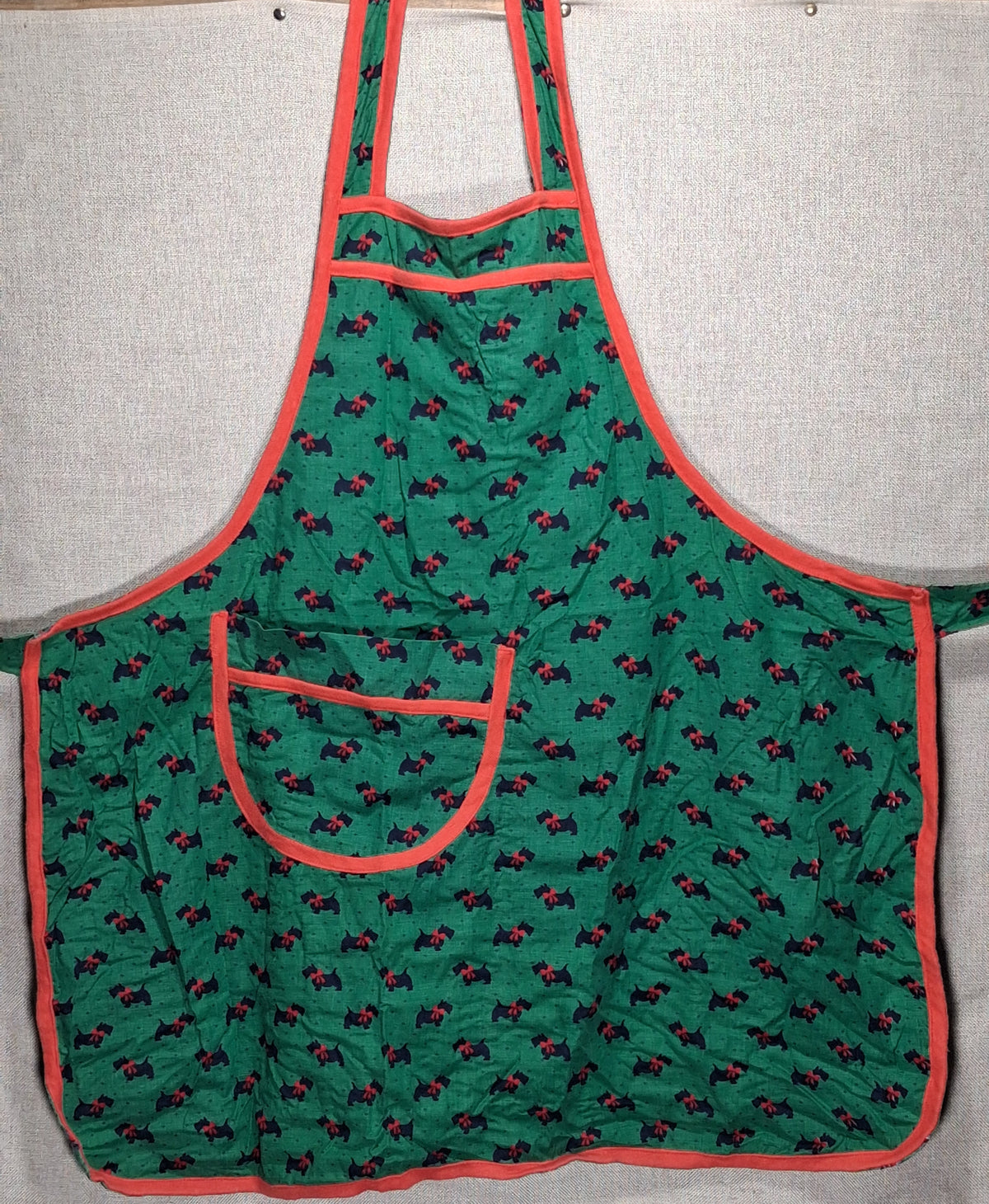 Vintage Cotton Apron in Green with Red Piping, Puppies and a Large Pocket