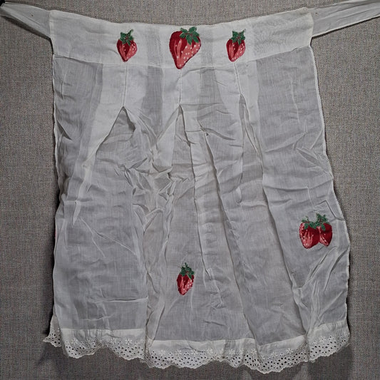 Vintage Sheer Kitchen Apron: White with Strawberries and Lace