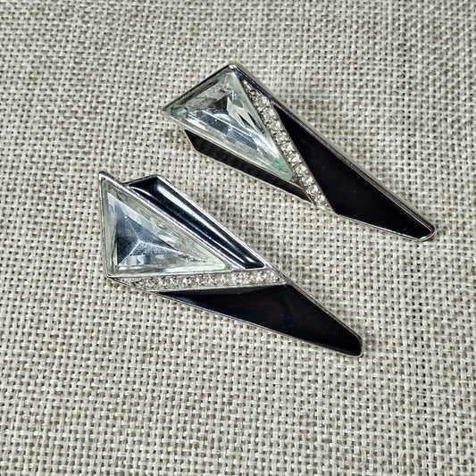 60s Vintage Pierced Earrings: Triangular Black, Glass, Rhinestones by Trifari-Kunio Matsumoto