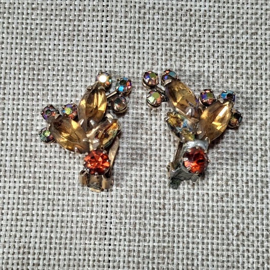 Vintage Clip Earrings: Gold Tone Leaf with Red Rhinestones by Weiss