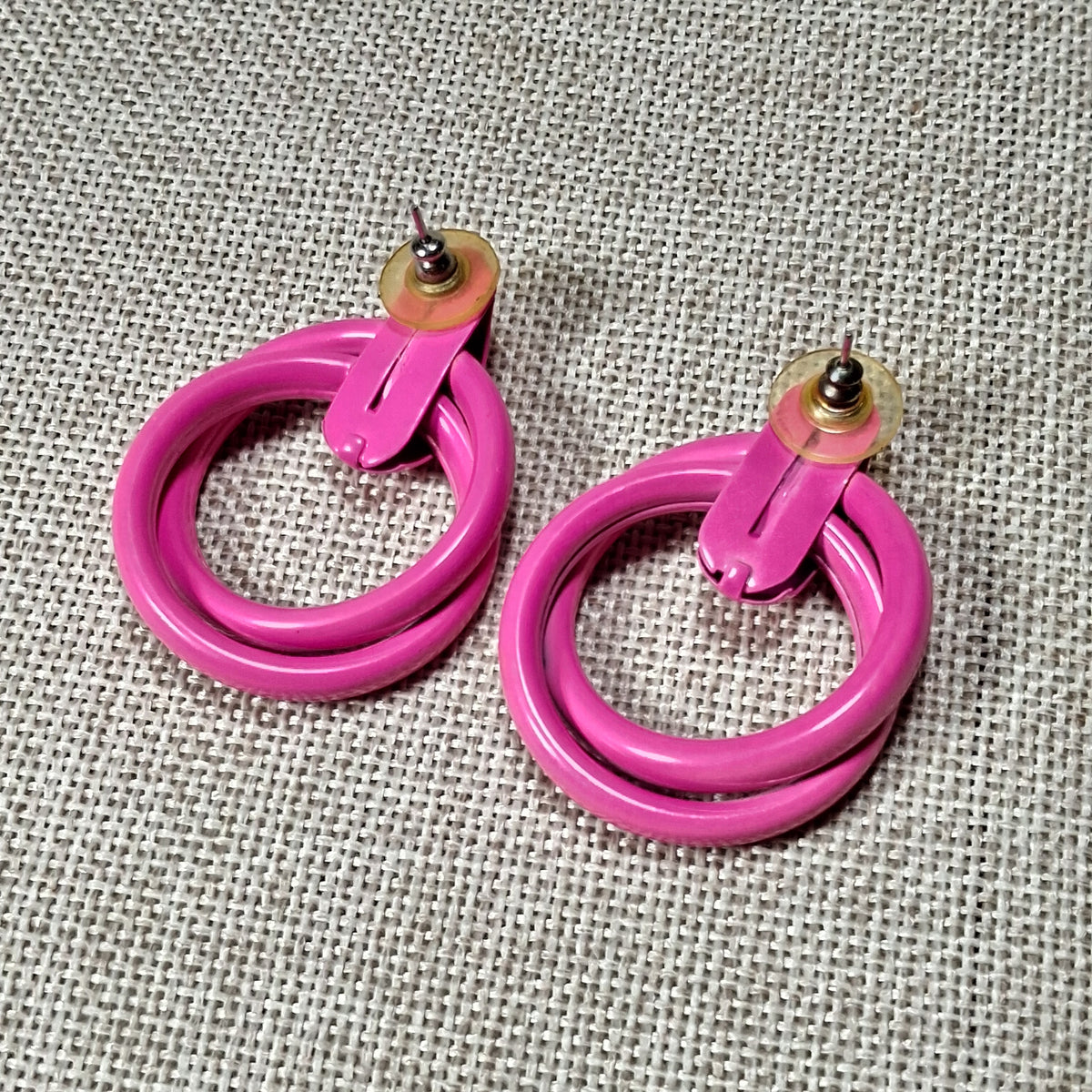 60s Vintage Double Small Hoop Pink Pierced Earrings with a Black Dot