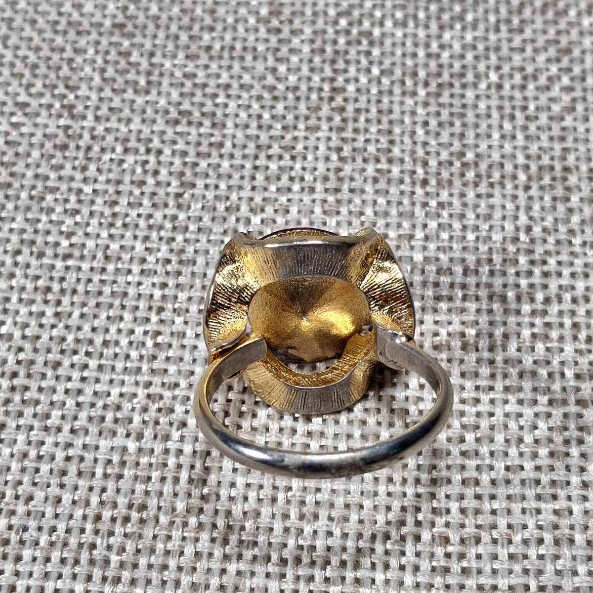 70s Vintage Ring with a Center Purple Rhinestone and Gold Tone Flares: Size 7.0