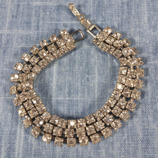 1970s Vintage Bracelet with Three Rows of Clear Rhinestones