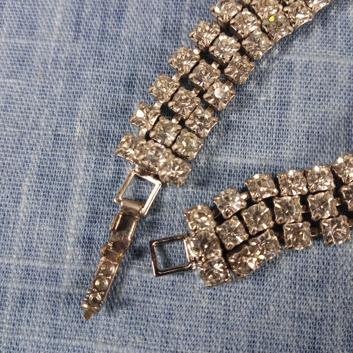 1970s Vintage Bracelet with Three Rows of Clear Rhinestones