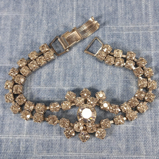 1950s Vintage Bracelet with a Double Row of Clear Rhinestones
