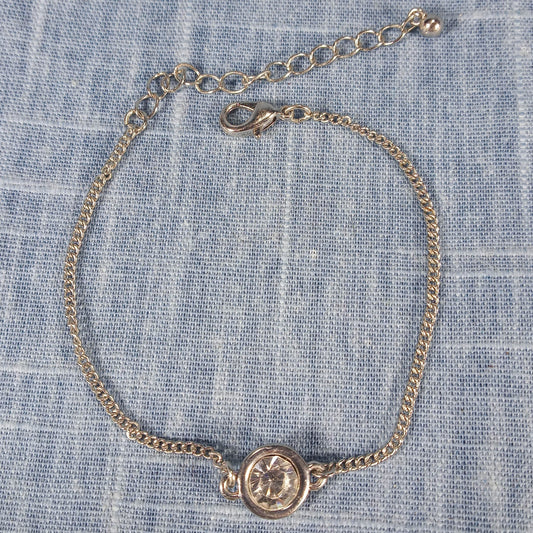 1970s Vintage Bracelet with Silver Tone Metal Chain and a Center Clear Rhinestone