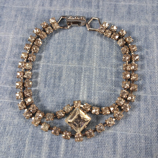 1970s Vintage Bracelet with a Center and Double Row of Clear Rhinestones