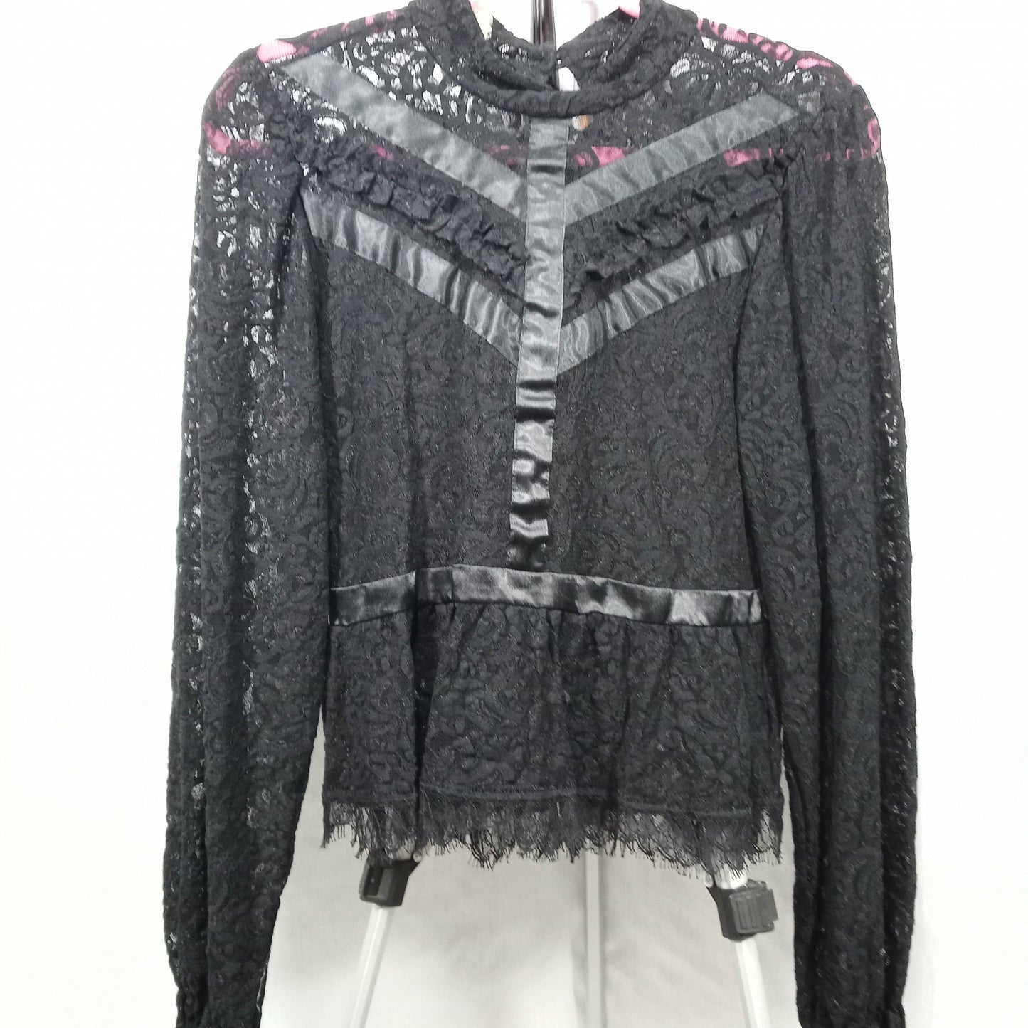 1960's Black Lace Satin Peplum Blouse