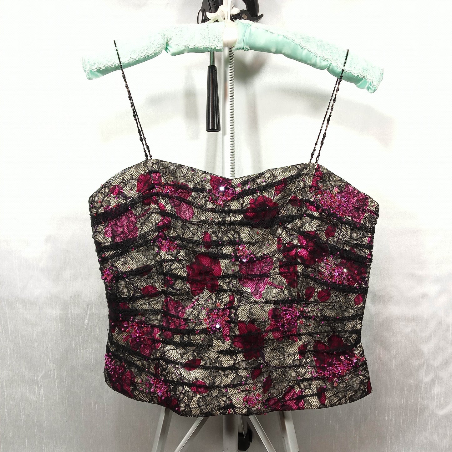 1980's Black, Silver & Lavender Chiffon Floral Halter with Lace Overlay