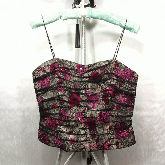 1980's Vintage Black, Silver & Lavender Chiffon Floral Halter with Lace Overlay