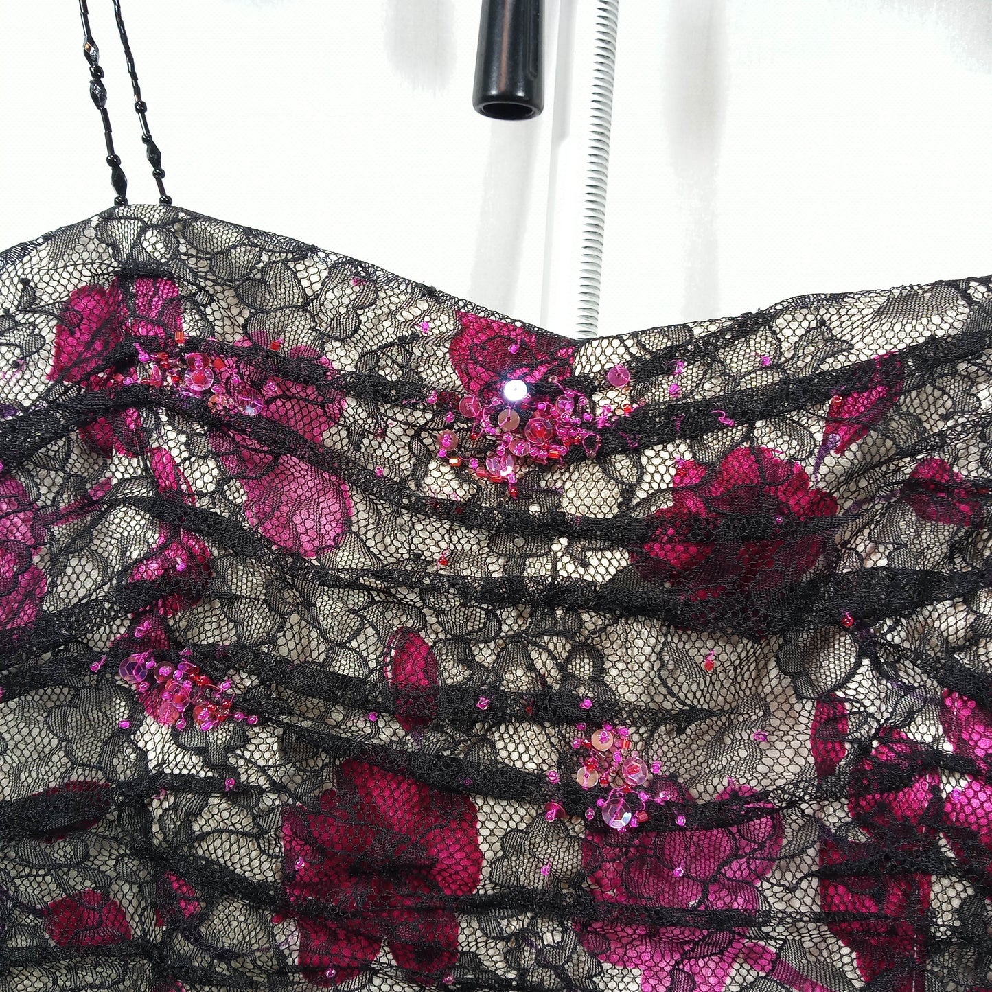 1980's Black, Silver & Lavender Chiffon Floral Halter with Lace Overlay
