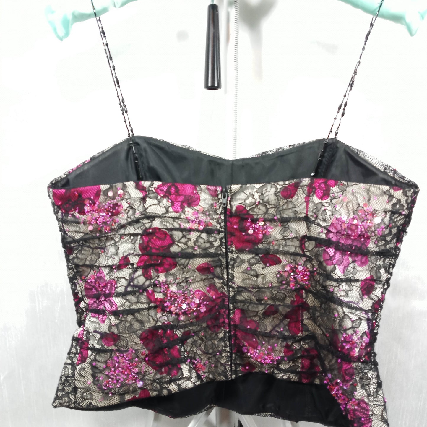 1980's Black, Silver & Lavender Chiffon Floral Halter with Lace Overlay