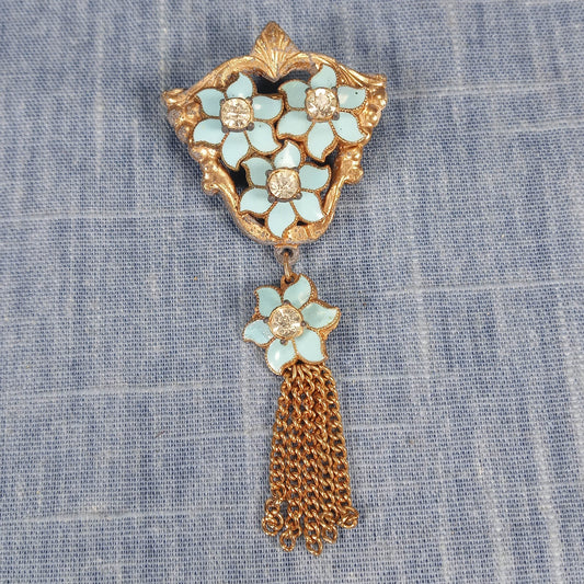 1950s Vintage Pendant Pin with Light Blue Enamel Flowers and Clear Rhinestones