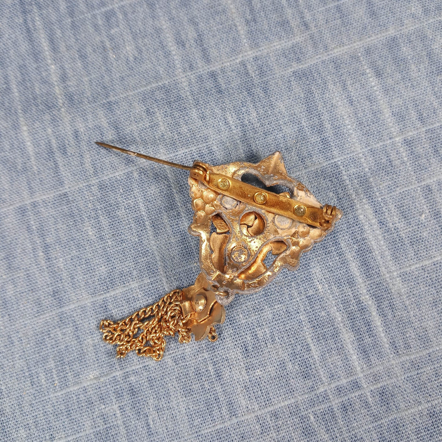 1950s Vintage Pendant Pin with Light Blue Enamel Flowers and Clear Rhinestones