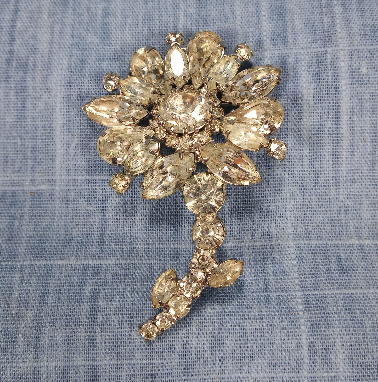 1950s Vintage Clear Rhinestone Sunflower Brooch
