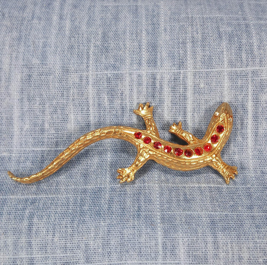 1960s Vintage Gold Tone Gecko Pin with Red Rhinestones by Pieces