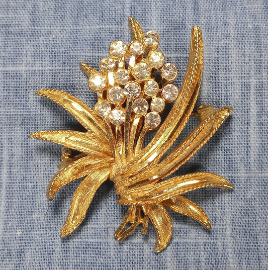 1970s Vintage Gold Tone Metal and Clear Rhinestones Brooch by BSK