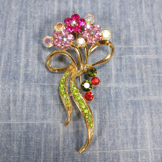 1990s Vintage Pink, Green and Red Rhinestone Flower Brooch