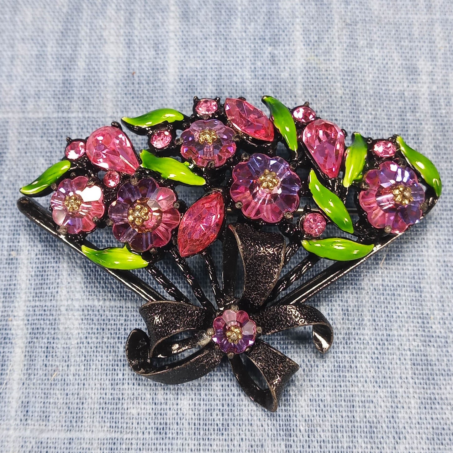 1980s Vintage Purple Enamel and Green Rhinestone Vintage Fan Brooch
