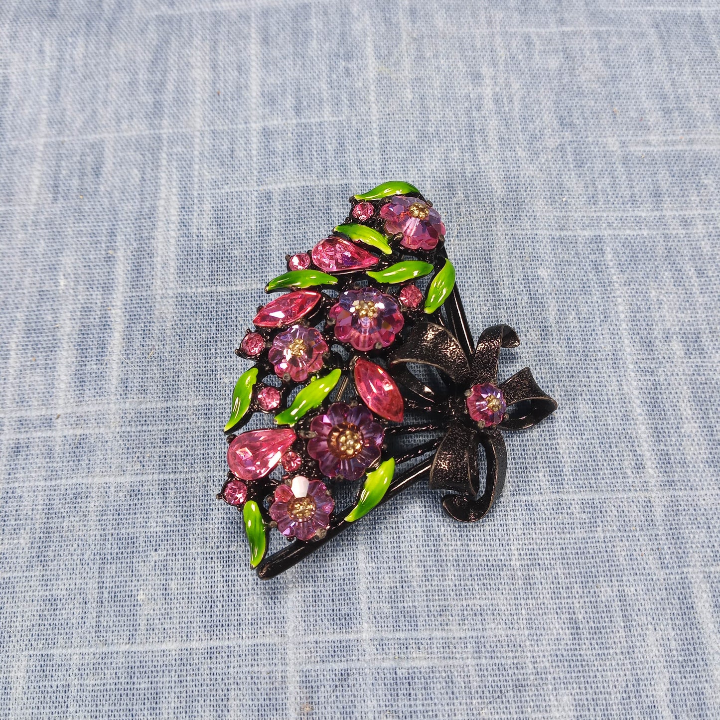 1980s Vintage Purple Enamel and Green Rhinestone Vintage Fan Brooch