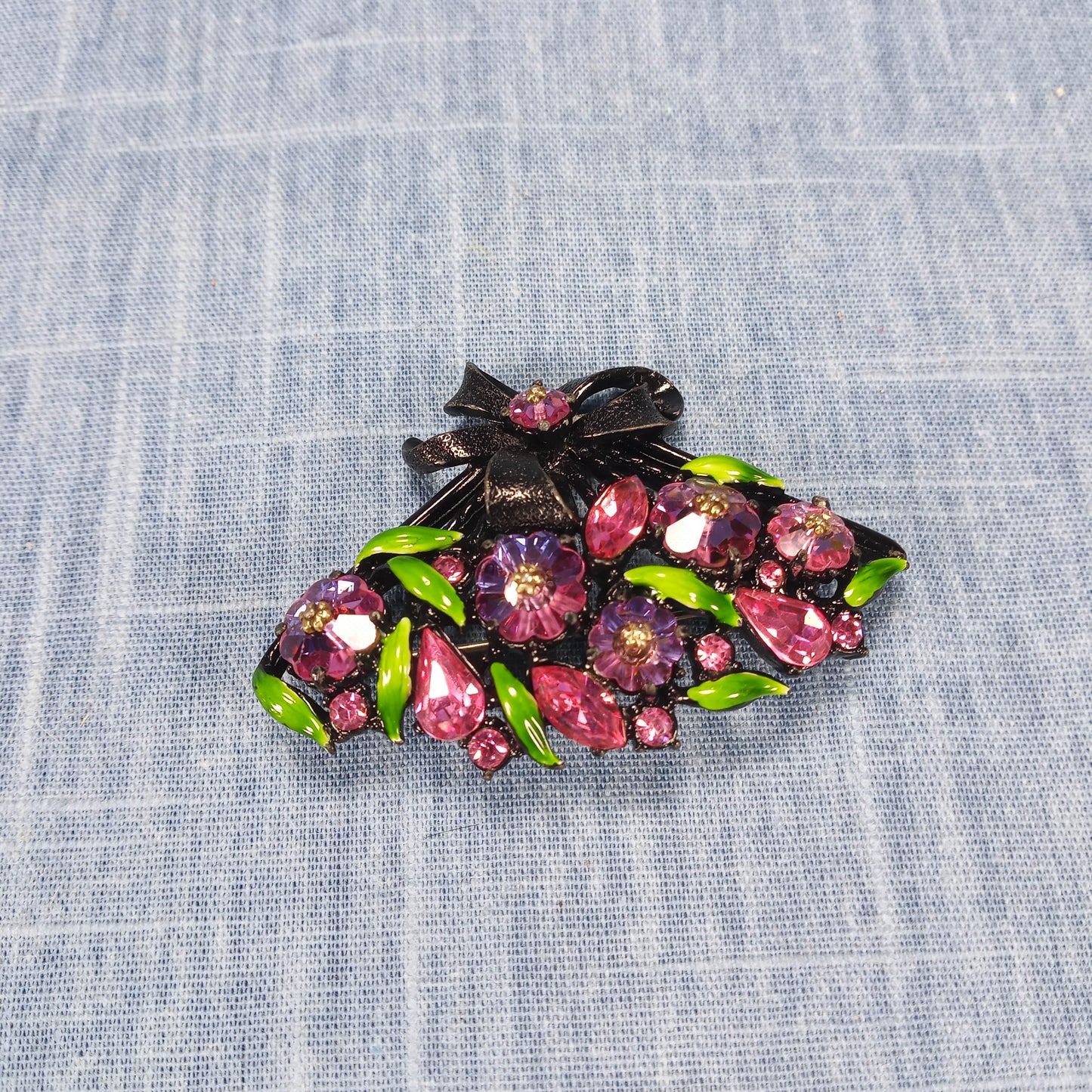 1980s Vintage Purple Enamel and Green Rhinestone Vintage Fan Brooch