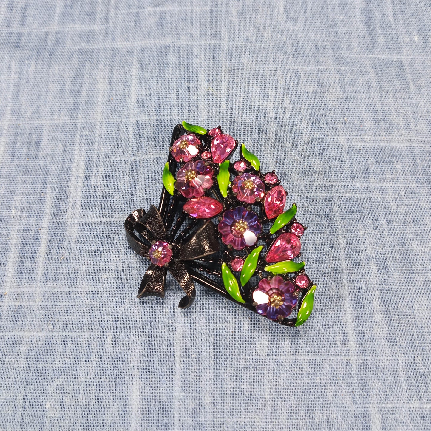 1980s Vintage Purple Enamel and Green Rhinestone Vintage Fan Brooch