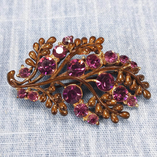 1970s Vintage Leaf Brooch with Purple Rhinestones by STAR
