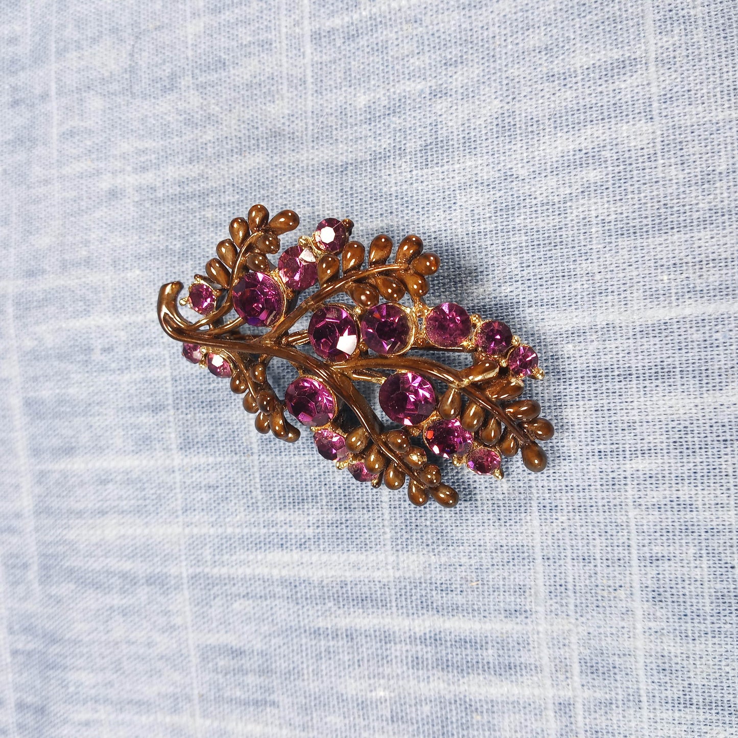 1970s Vintage Leaf Brooch with Purple Rhinestones by STAR