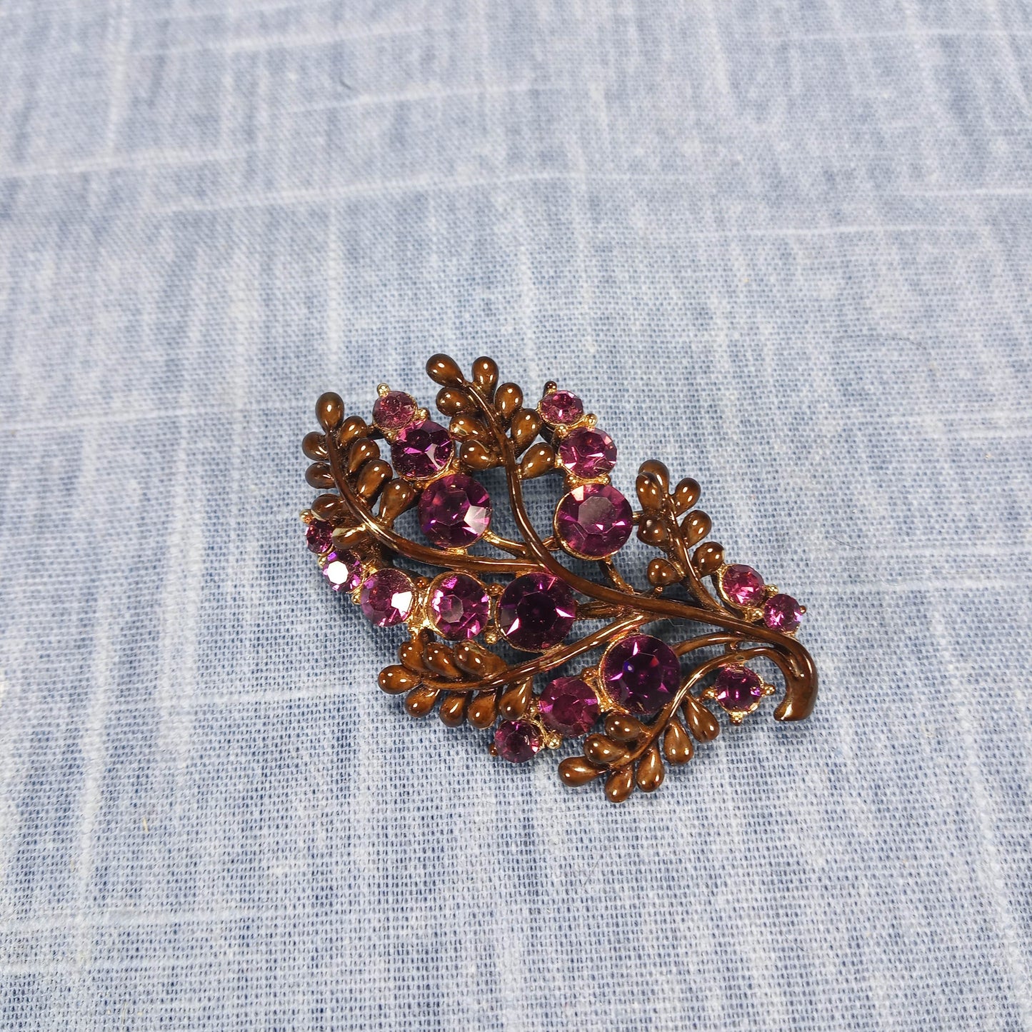 1970s Vintage Leaf Brooch with Purple Rhinestones by STAR