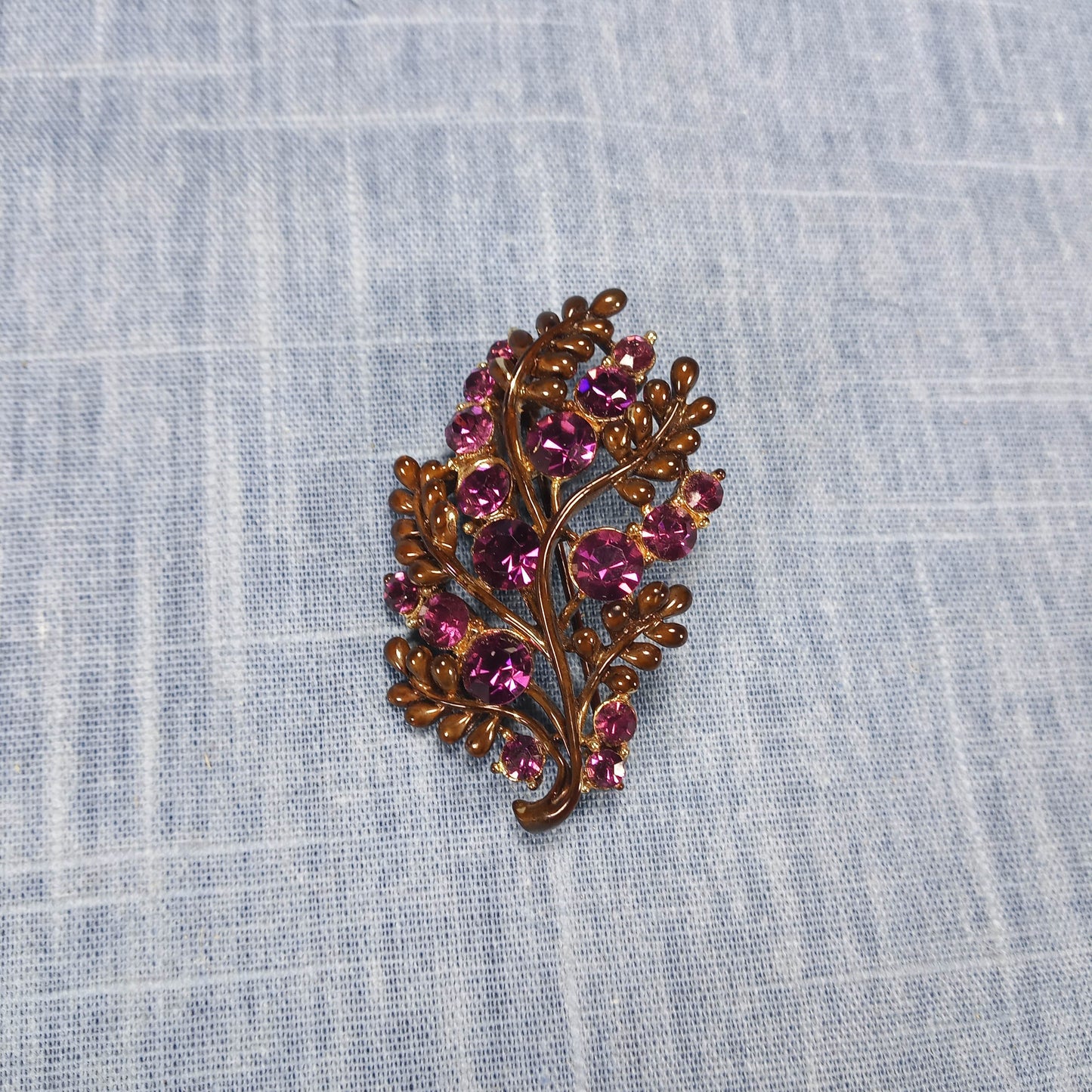 1970s Vintage Leaf Brooch with Purple Rhinestones by STAR