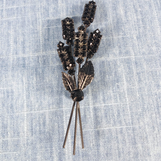 1960s Vintage Leaf Pin with Black Rhinestones