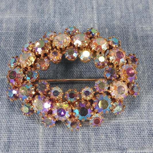 1950s Vintage Oval Brooch with Aurora Borealis Rhinestones