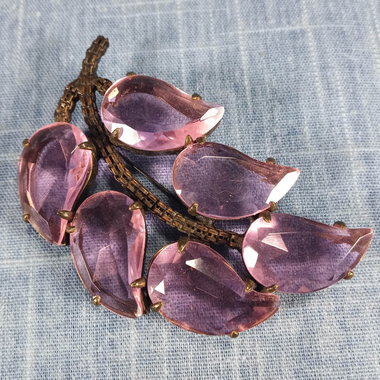 1950s Vintage Large Leaf Pin with Purple Czechoslovakian Glass