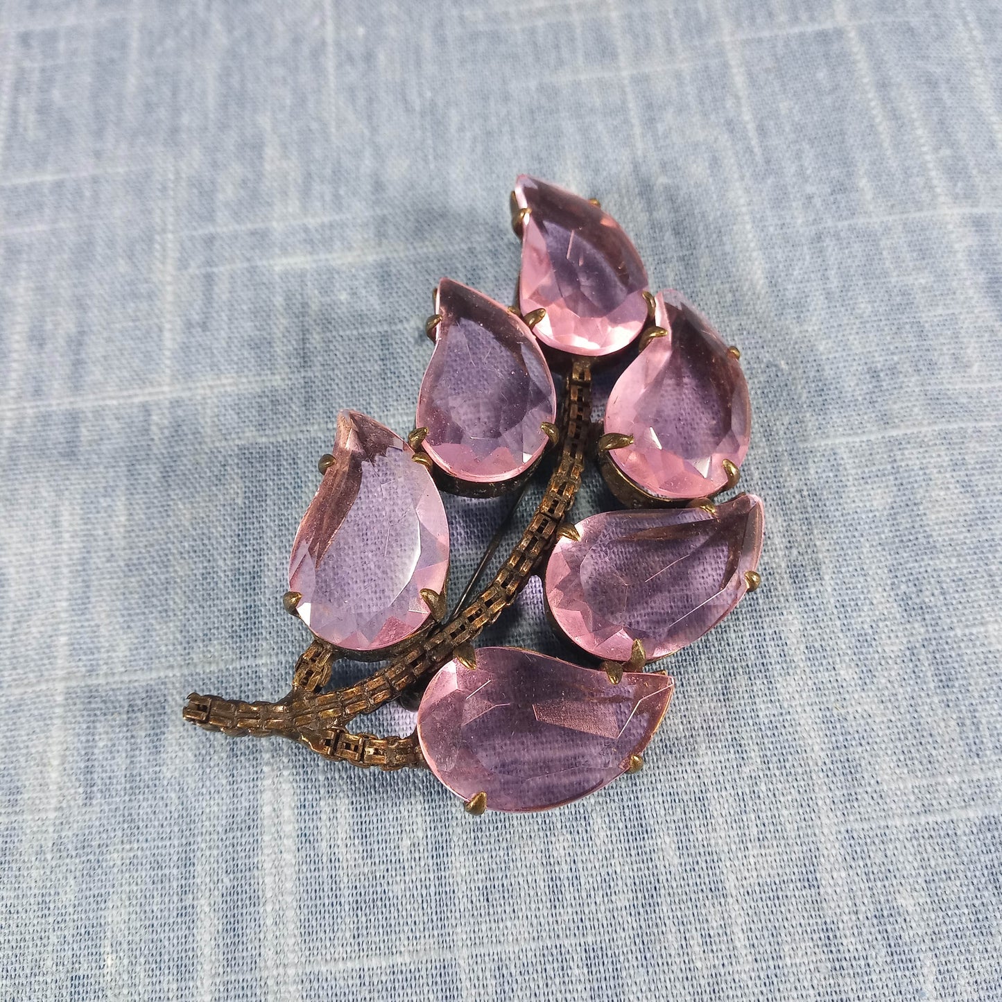 1950s Vintage Large Leaf Pin with Purple Czechoslovakian Glass