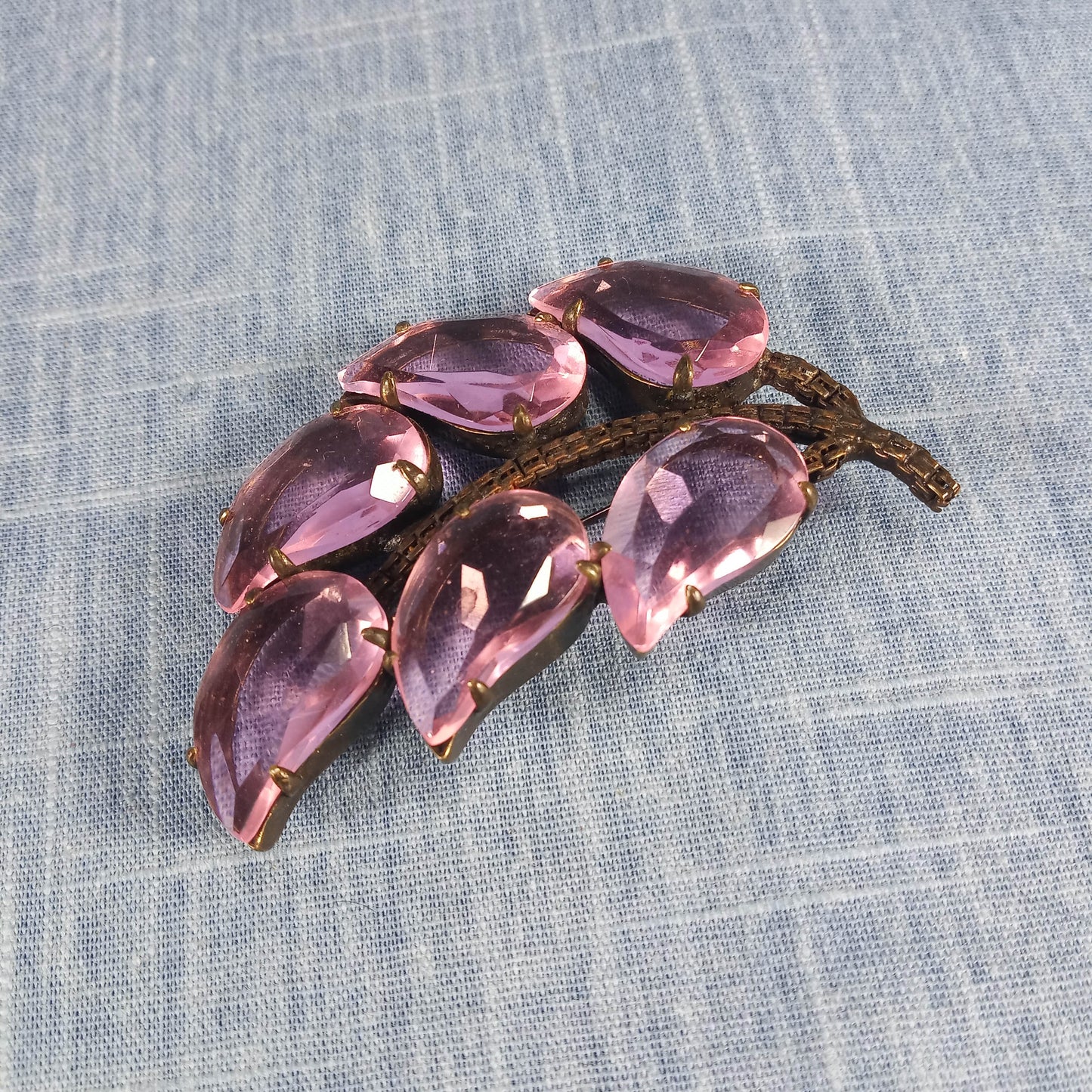 1950s Vintage Large Leaf Pin with Purple Czechoslovakian Glass