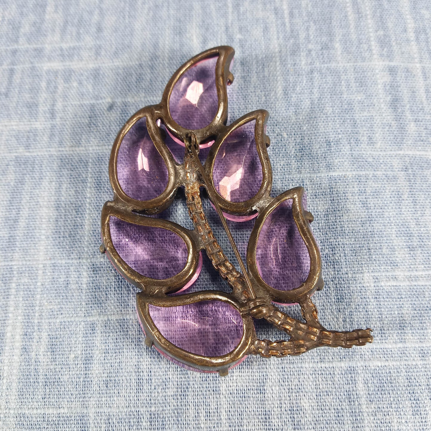 1950s Vintage Large Leaf Pin with Purple Czechoslovakian Glass