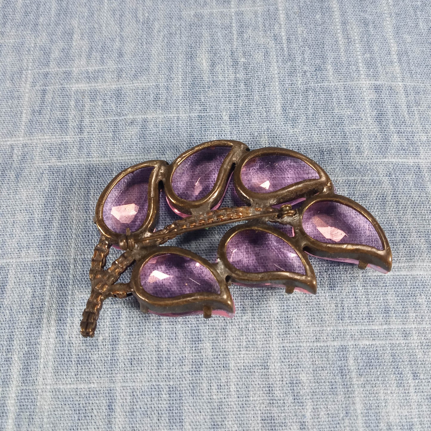1950s Vintage Large Leaf Pin with Purple Czechoslovakian Glass