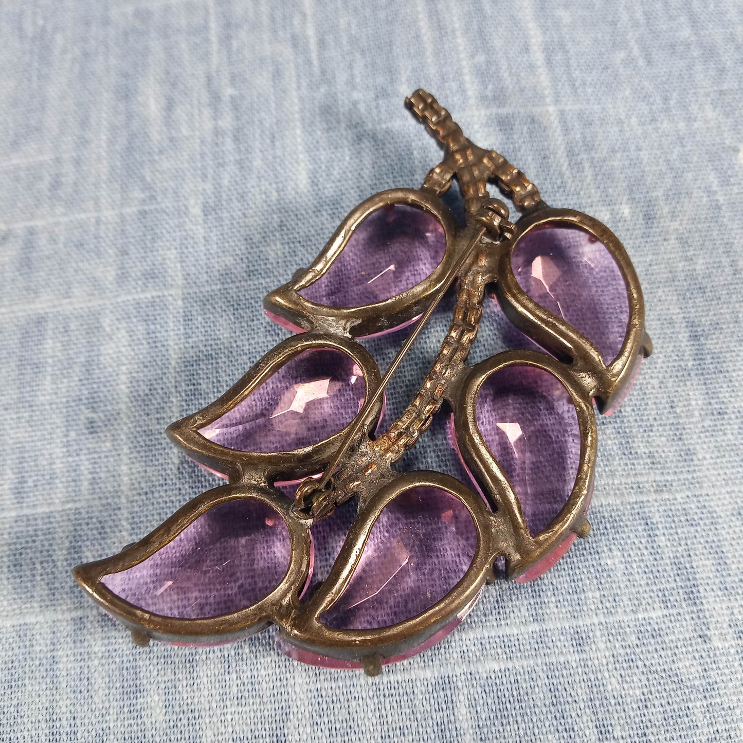 1950s Vintage Large Leaf Pin with Purple Czechoslovakian Glass