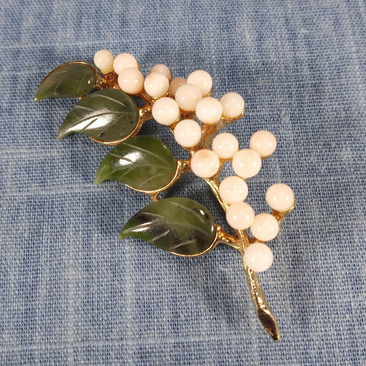 1960s Vintage Gold Plated Leaf Pin with Jade and Pearls by Swoboda