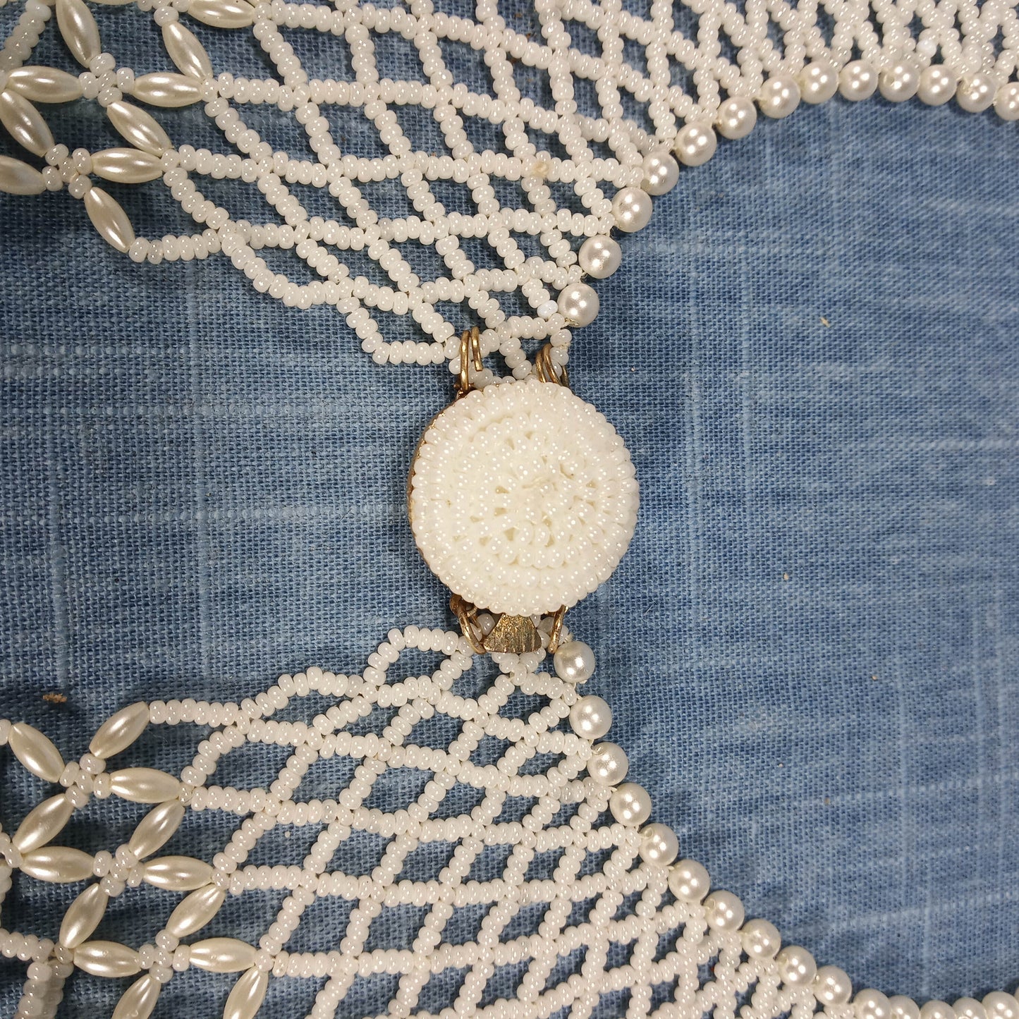 1950s Pearl Bead Woven Collar with Gold Tone Clasp