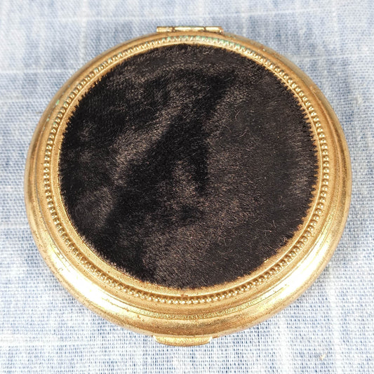 1950s Vintage Compact: Gold Tone with Black Faux Fur w Original Mirror/Applicator