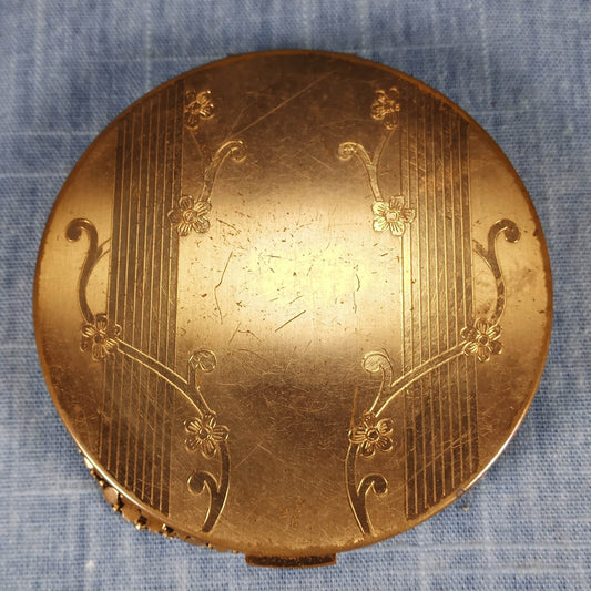1955 Vintage Compact: Gold Tone Etched with Original Interior and Makeup by Hazel Bishop