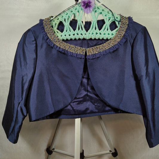 1970's Vintage Bolero Evening Jacket in Navy Blue Silk with a Beaded Neckline