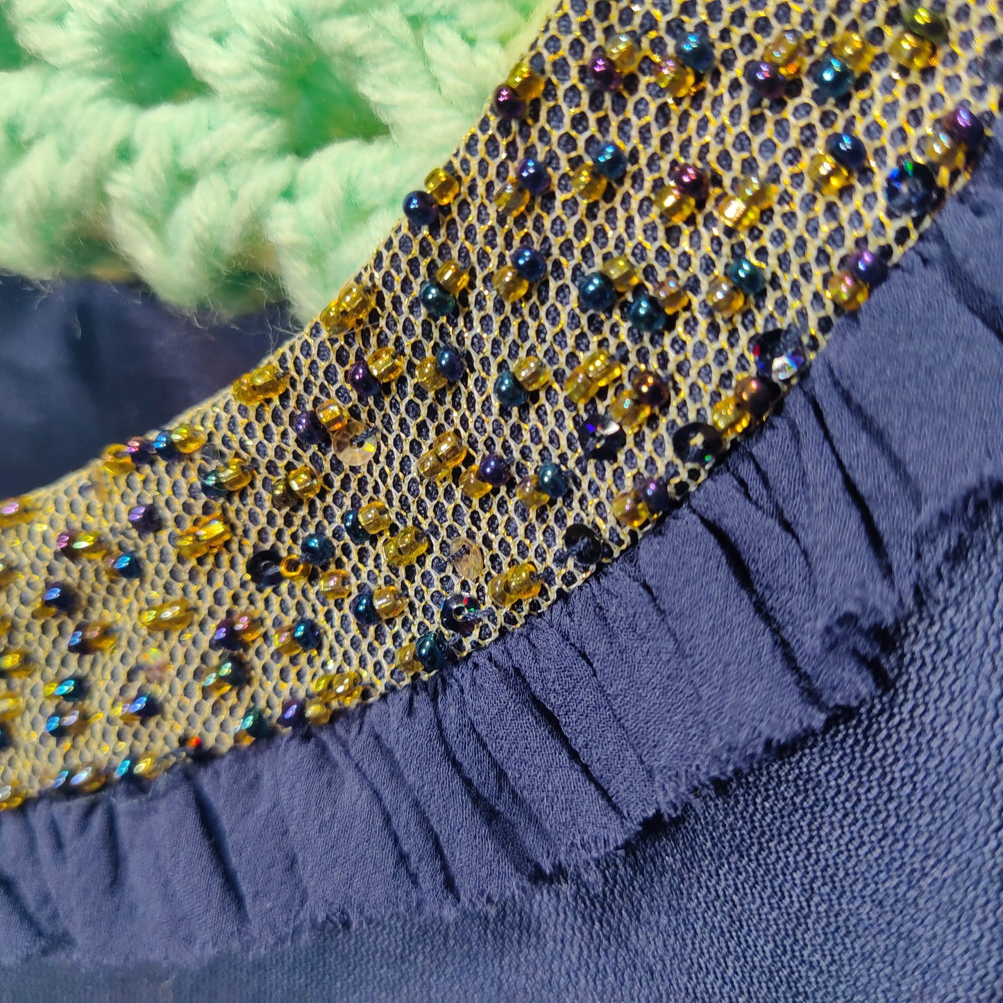 1970's Vintage Bolero Evening Jacket in Navy Blue Silk with a Beaded Neckline