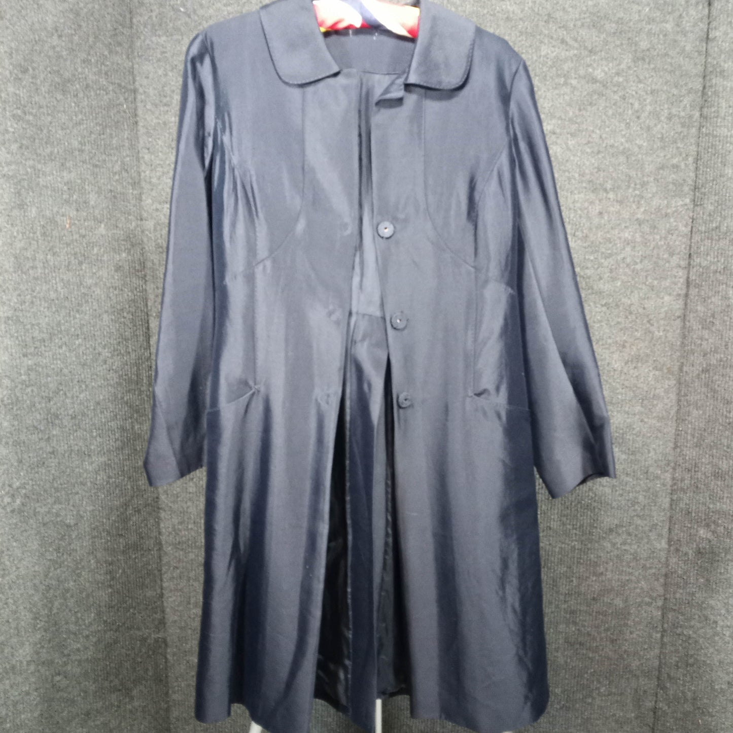 1980's Navy Blue Silk Peter Pan Collar Coat