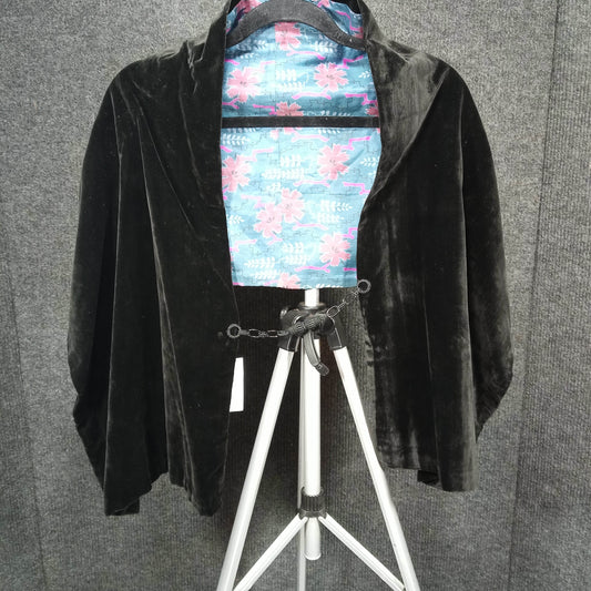 1940s Vintage Black Velvet and Silk Lined Shawl with Bakelite Clasps